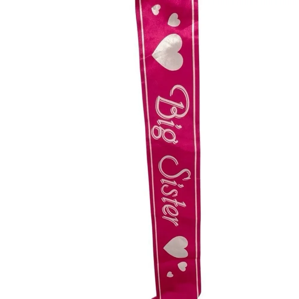 Big Sister Pink Satin Sash Heart Print Party Celebration Accessory